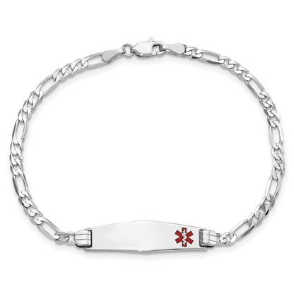 14K White Gold Medical Solid Chain/Solid Plate 26x7mm Soft Diamond Shape Off-Center Red Enamel Figaro Link 8 inch ID Bracelet