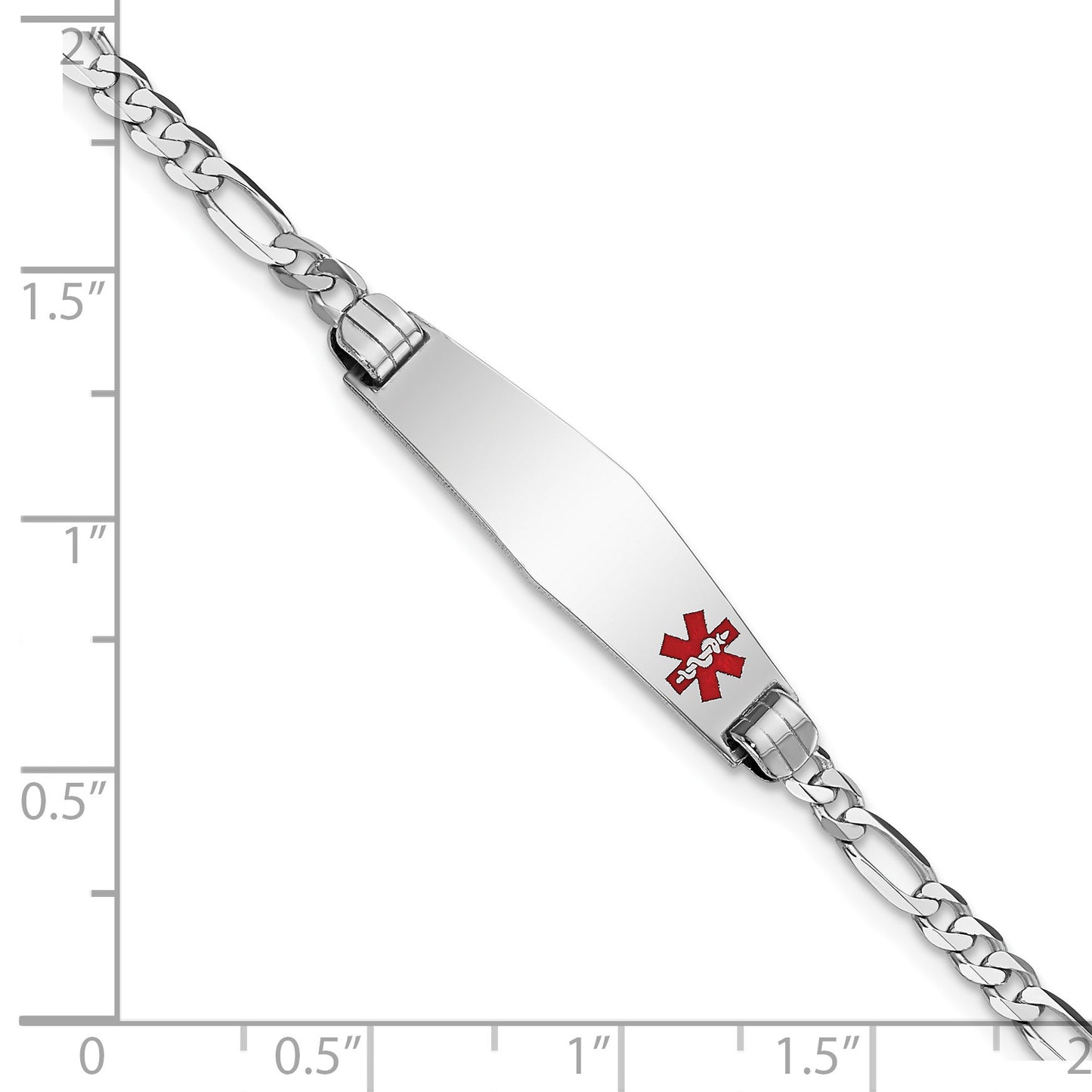 14K White Gold Medical Solid Chain/Solid Plate 26x7mm Soft Diamond Shape Off-Center Red Enamel Figaro Link 8 inch ID Bracelet