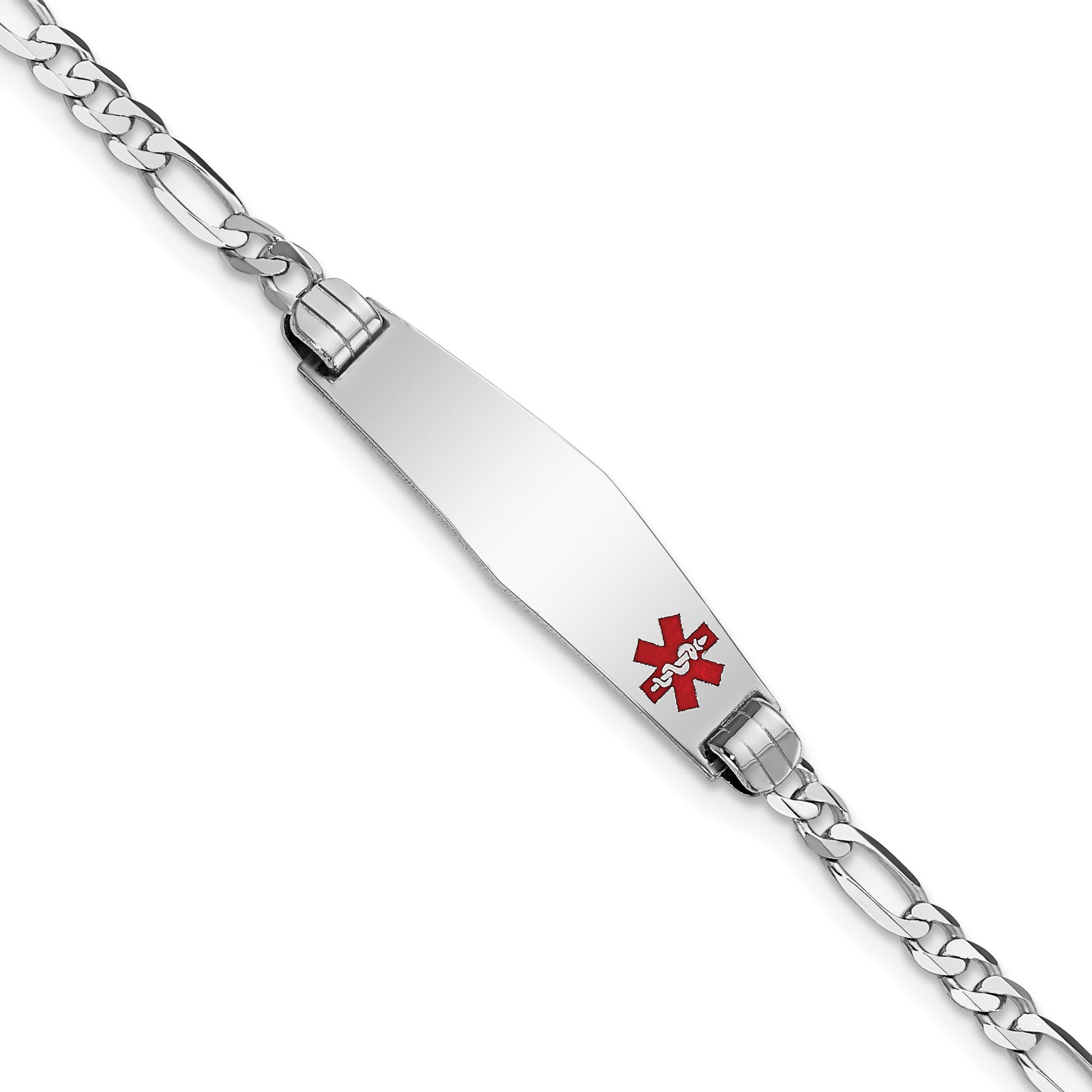 14K White Gold Medical Solid Chain/Solid Plate 26x7mm Soft Diamond Shape Off-Center Red Enamel Figaro Link 8 inch ID Bracelet