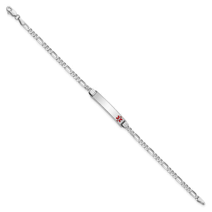 14K White Gold Medical Solid Chain/Solid Plate 26x5mm Off-Center Red Enamel Figaro Link 8 inch ID Bracelet