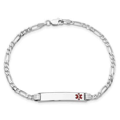 14K White Gold Medical Solid Chain/Solid Plate 26x5mm Off-Center Red Enamel Figaro Link 8 inch ID Bracelet