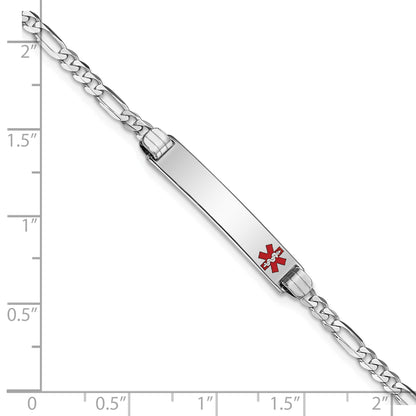 14K White Gold Medical Solid Chain/Solid Plate 26x5mm Off-Center Red Enamel Figaro Link 8 inch ID Bracelet