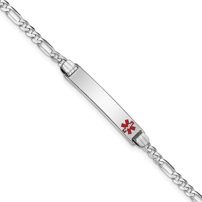 14K White Gold Medical Solid Chain/Solid Plate 26x5mm Off-Center Red Enamel Figaro Link 8 inch ID Bracelet