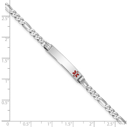 14K White Gold Medical Solid Chain/Solid Plate 26x5mm Off-Center Red Enamel Figaro Link 7 inch ID Bracelet