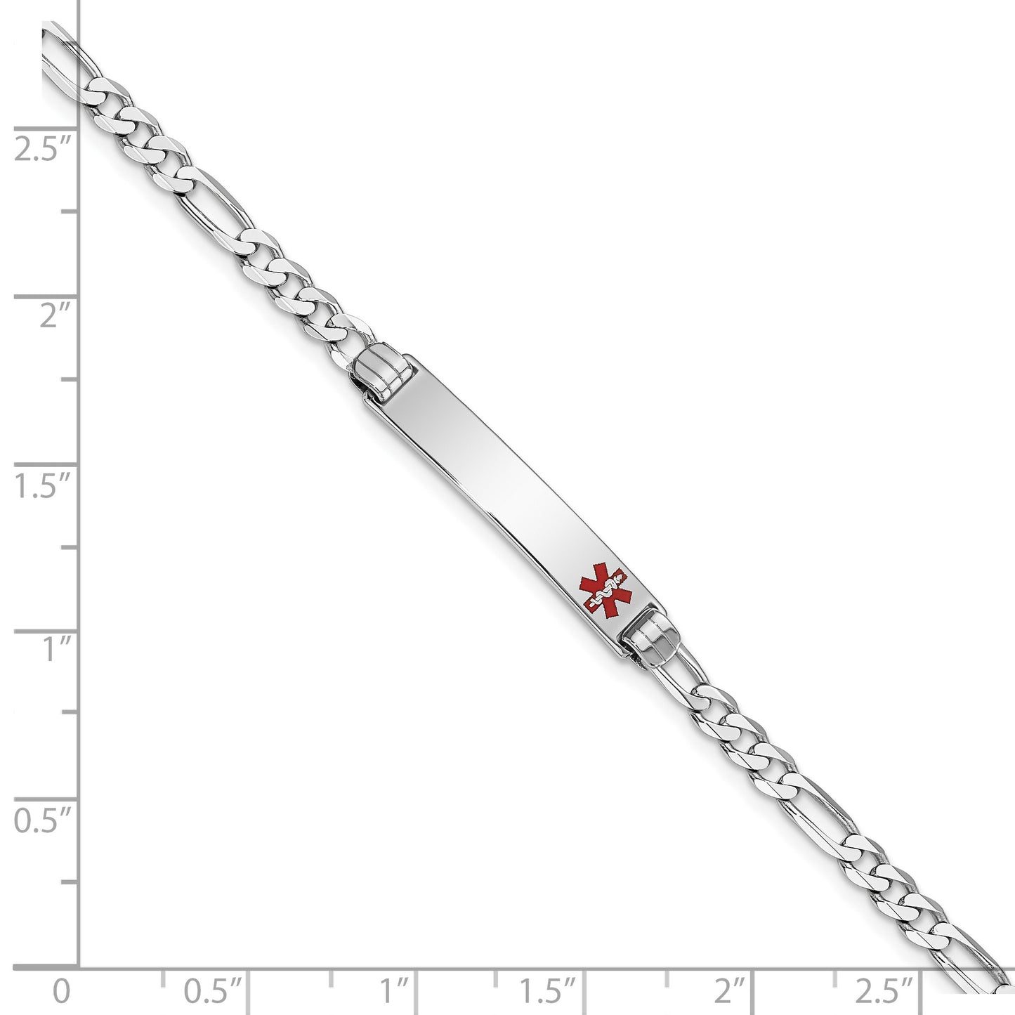 14K White Gold Medical Solid Chain/Solid Plate 26x5mm Off-Center Red Enamel Figaro Link 8 inch ID Bracelet