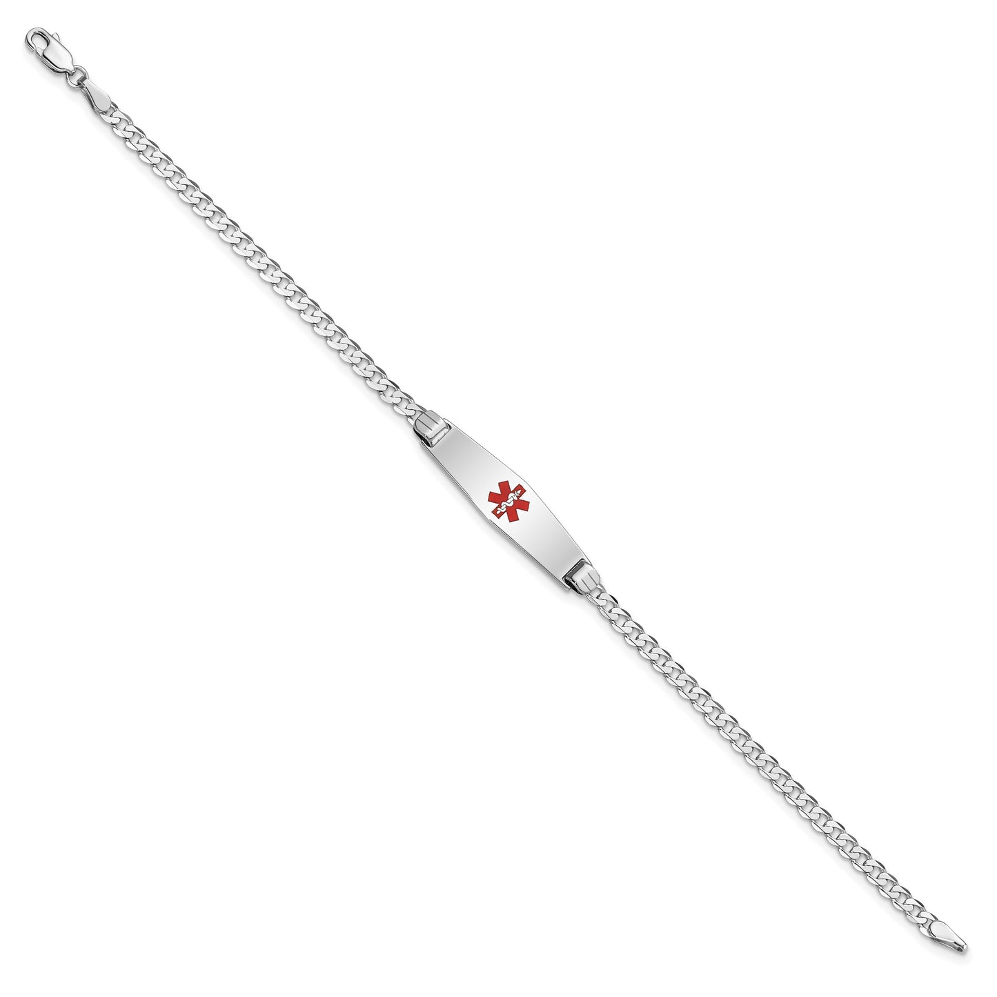 14K White Gold Medical Solid Chain/Solid Plate 24x7mm Soft Diamond Shape Centered Red Enamel Flat Curb Link 7 inch ID Bracelet