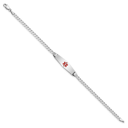14K White Gold Medical Solid Chain/Solid Plate 24x7mm Soft Diamond Shape Centered Red Enamel Flat Curb Link 7 inch ID Bracelet
