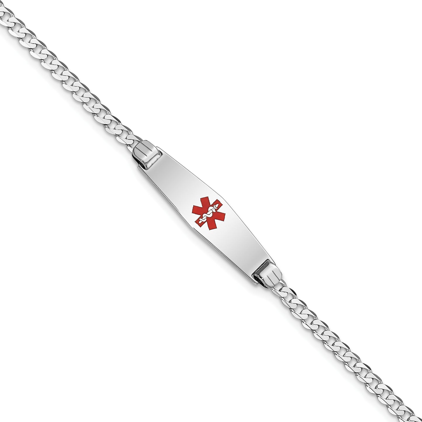 14K White Gold Medical Solid Chain/Solid Plate 24x7mm Soft Diamond Shape Centered Red Enamel Flat Curb Link 7 inch ID Bracelet