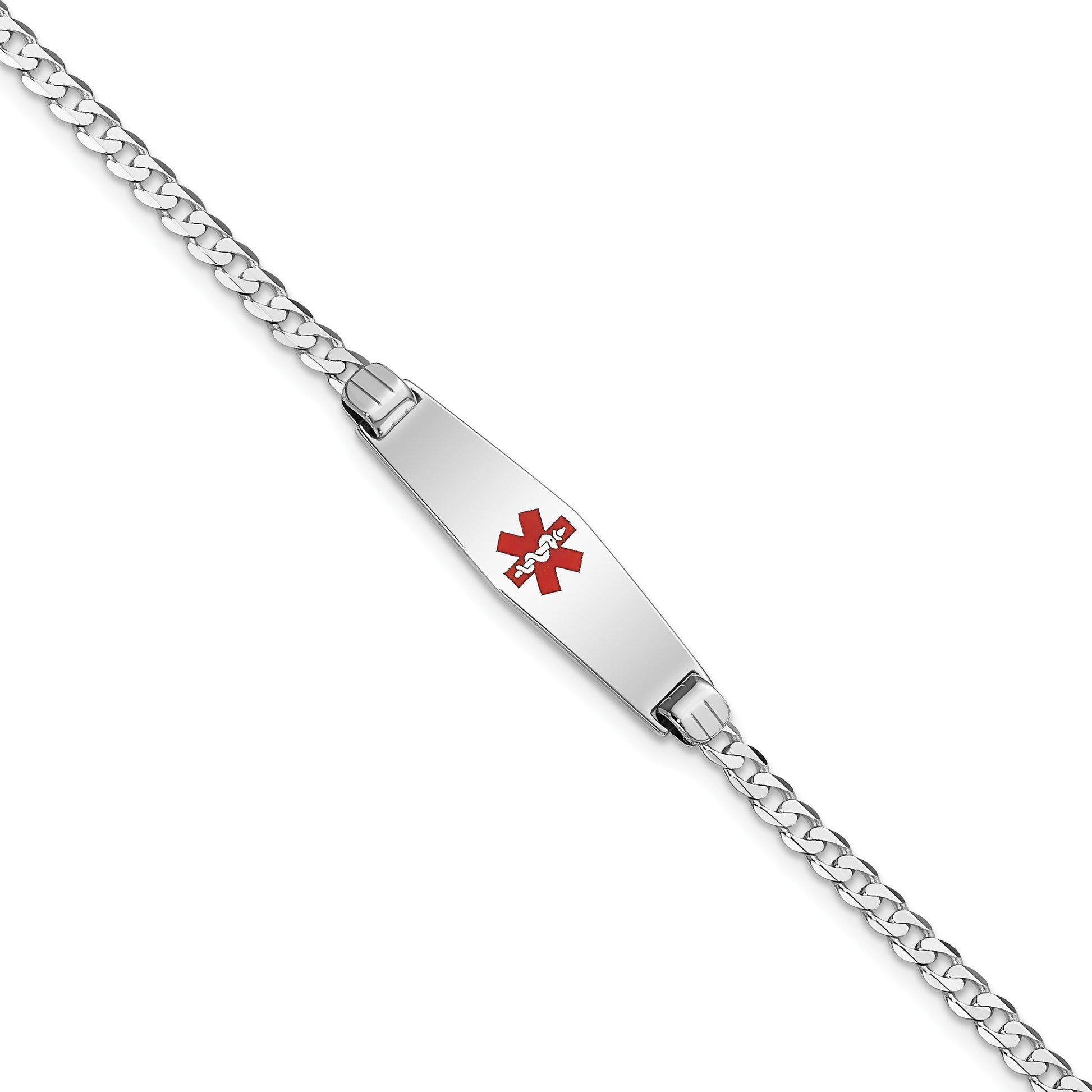 14K White Gold Medical Solid Chain/Solid Plate 24x7mm Soft Diamond Shape Centered Red Enamel Flat Curb Link 7 inch ID Bracelet