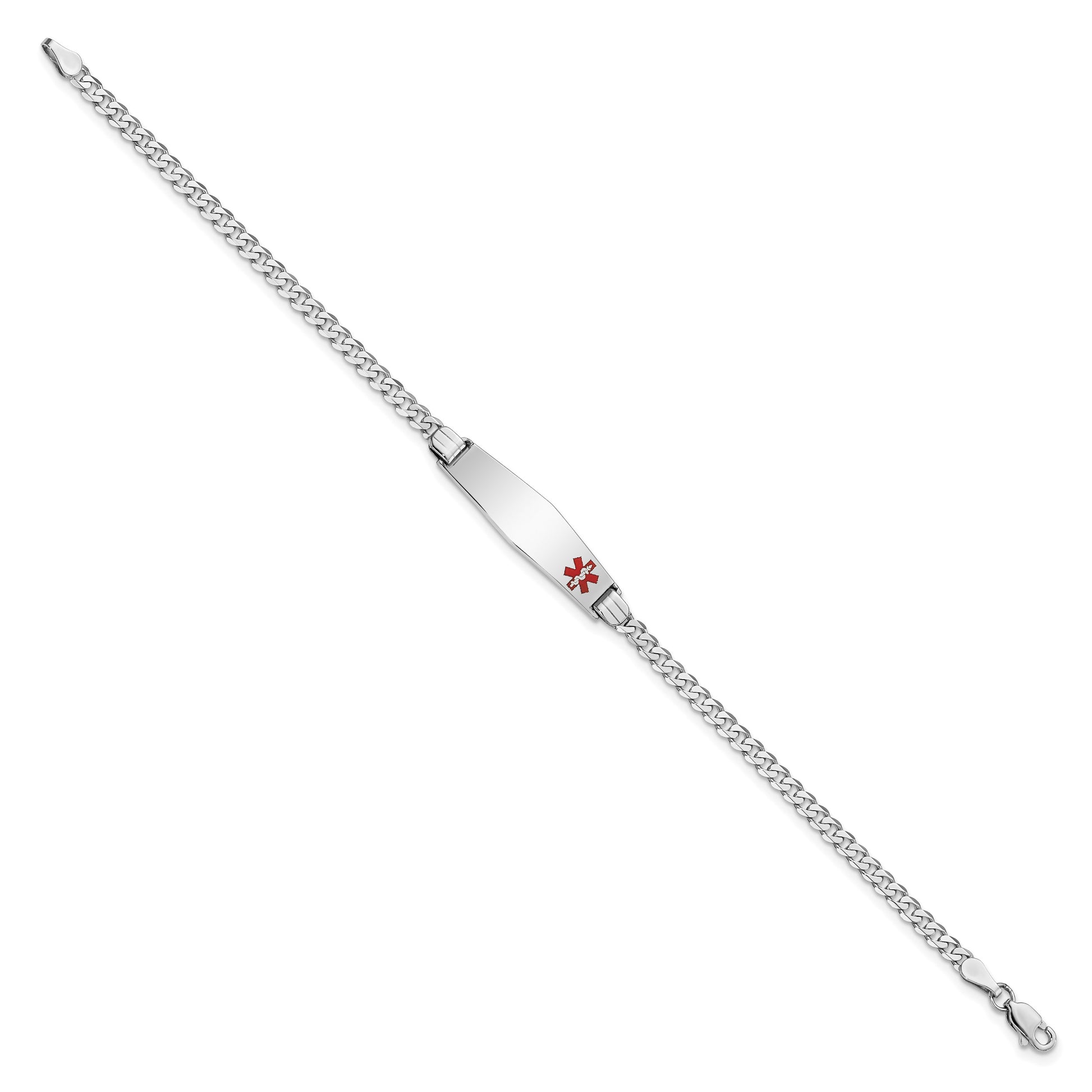 14K White Gold Medical Solid Chain/Solid Plate 26x7mm Soft Diamond Shape Off-Center Red Enamel Flat Curb Link 8 inch ID Bracelet