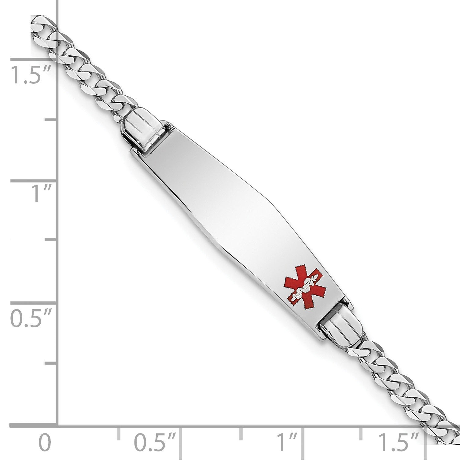 14K White Gold Medical Solid Chain/Solid Plate 26x7mm Soft Diamond Shape Off-Center Red Enamel Flat Curb Link 8 inch ID Bracelet