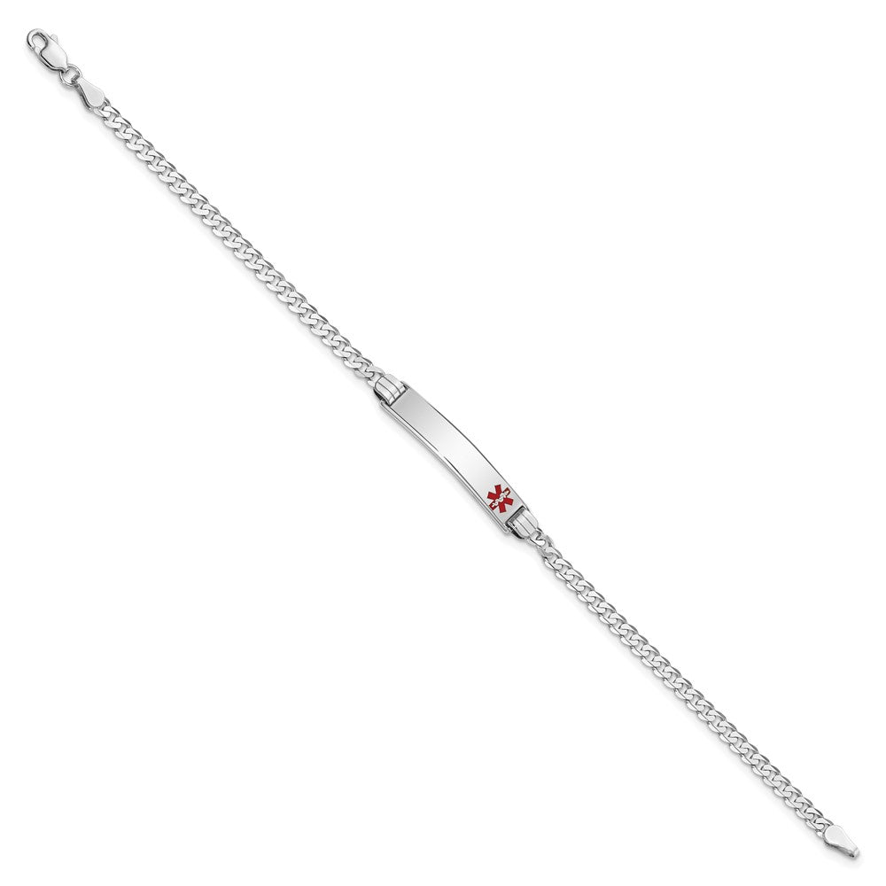 14K White Gold Medical Red Enamel Flat Curb Link ID Bracelet