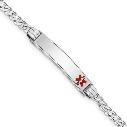 14K White Gold Medical Red Enamel Flat Curb Link ID Bracelet