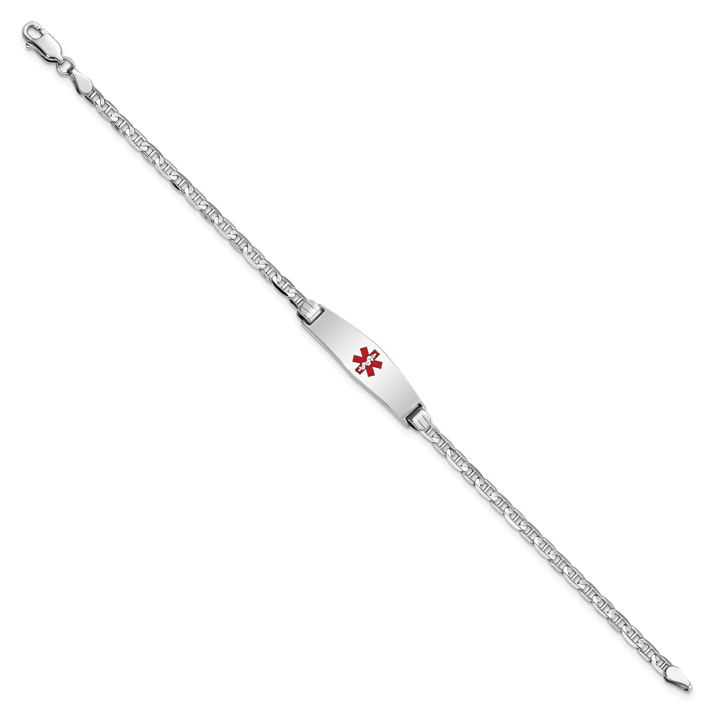 14K White Gold Medical Solid Chain/Solid Plate 24x7mm Soft Diamond Shape Centered Red Enamel Anchor Link 8 inch ID Bracelet