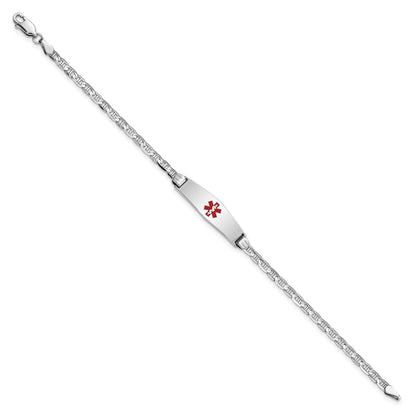 14K White Gold Medical Solid Chain/Solid Plate 24x7mm Soft Diamond Shape Centered Red Enamel Anchor Link 8 inch ID Bracelet