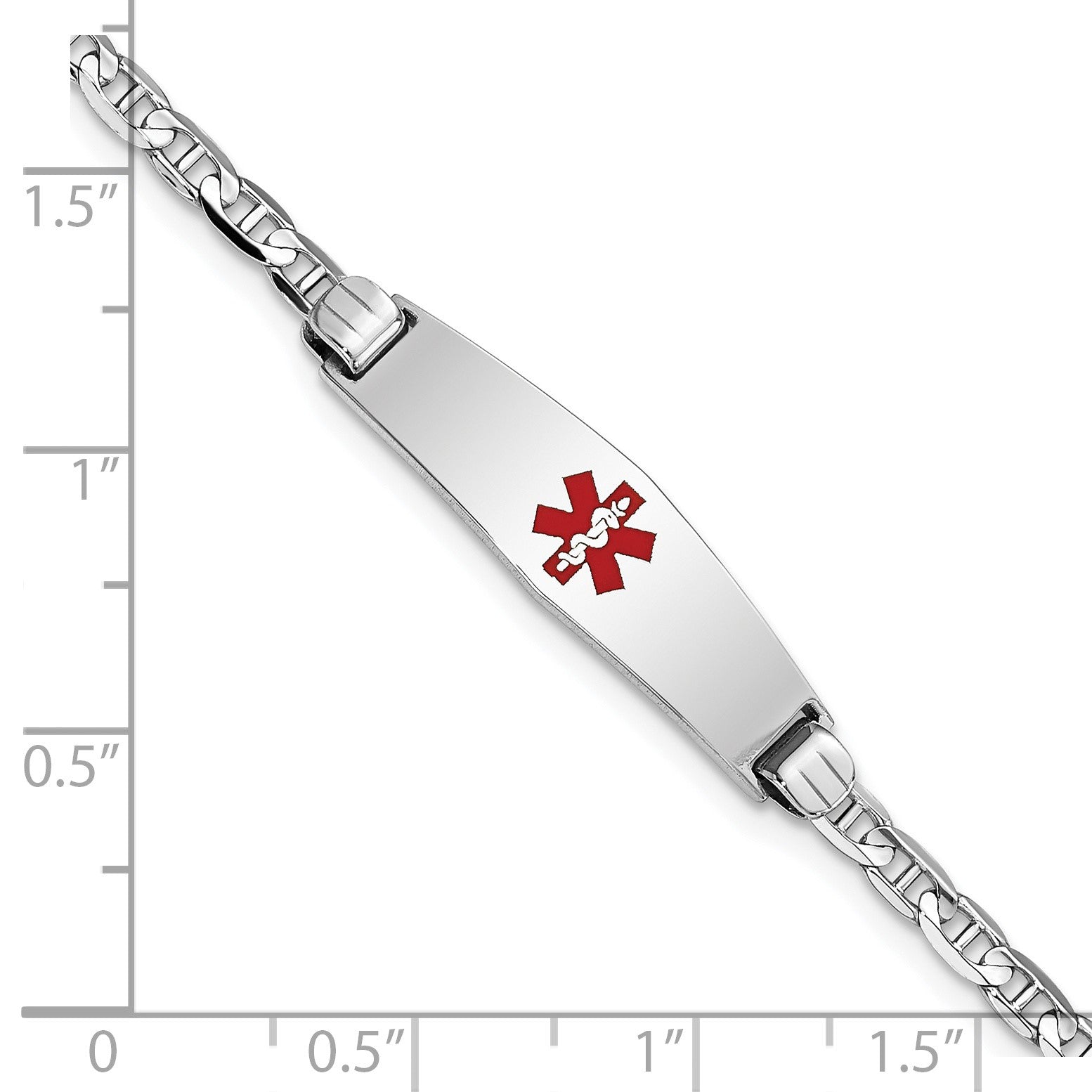 14K White Gold Medical Solid Chain/Solid Plate 24x7mm Soft Diamond Shape Centered Red Enamel Anchor Link 8 inch ID Bracelet