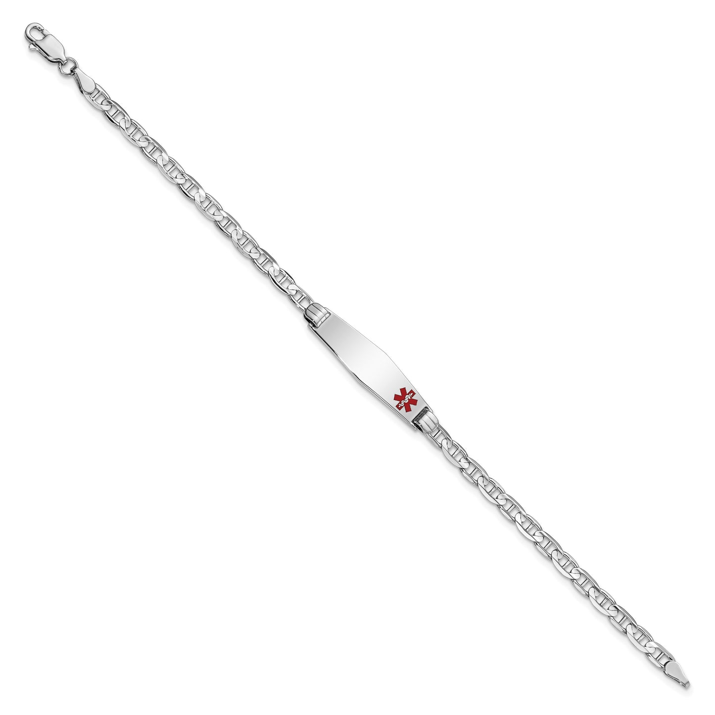 14K White Gold Medical Solid Chain/Solid Plate 26x7mm Soft Diamond Shape Off-Center Red Enamel Anchor Link 7 inch ID Bracelet