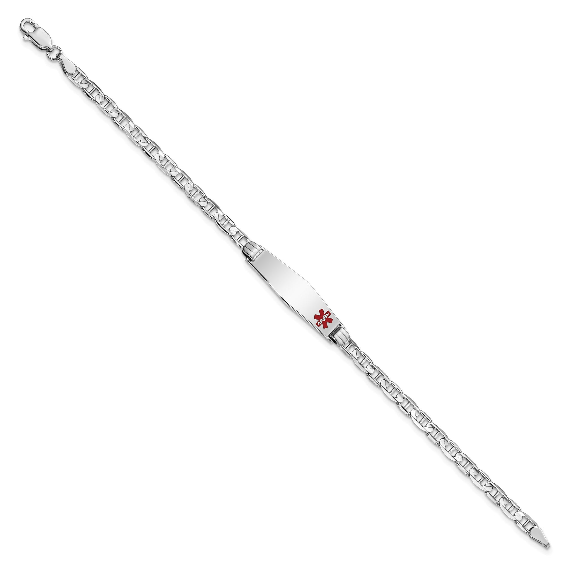 14K White Gold Medical Solid Chain/Solid Plate 26x7mm Soft Diamond Shape Off-Center Red Enamel Anchor Link 7 inch ID Bracelet