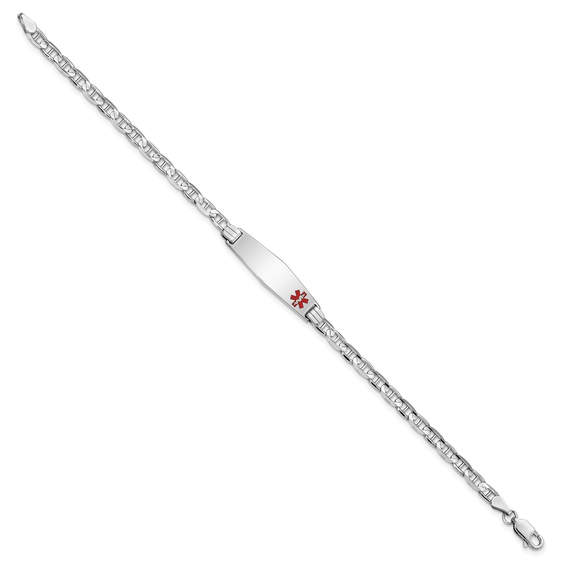 14K White Gold Medical Solid Chain/Solid Plate 26x7mm Soft Diamond Shape Off-Center Red Enamel Anchor Link 8 inch ID Bracelet