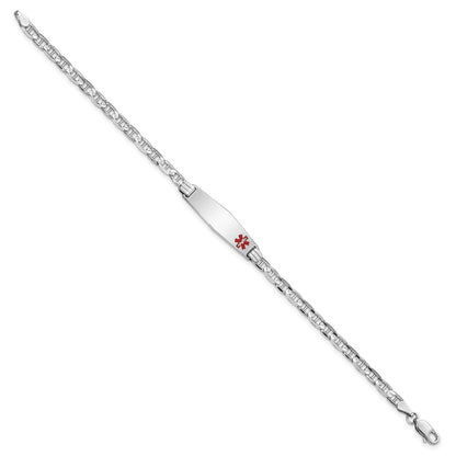 14K White Gold Medical Solid Chain/Solid Plate 26x7mm Soft Diamond Shape Off-Center Red Enamel Anchor Link 8 inch ID Bracelet