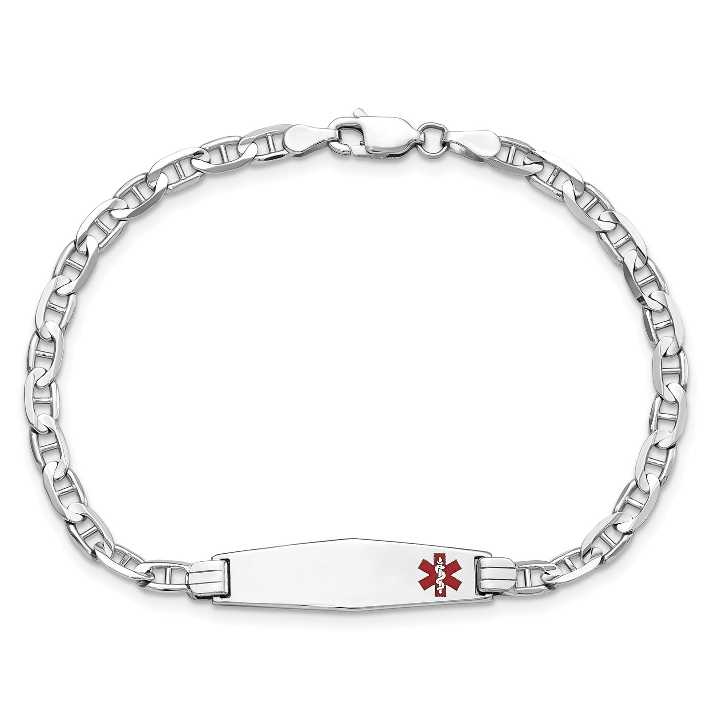 14K White Gold Medical Solid Chain/Solid Plate 26x7mm Soft Diamond Shape Off-Center Red Enamel Anchor Link 8 inch ID Bracelet