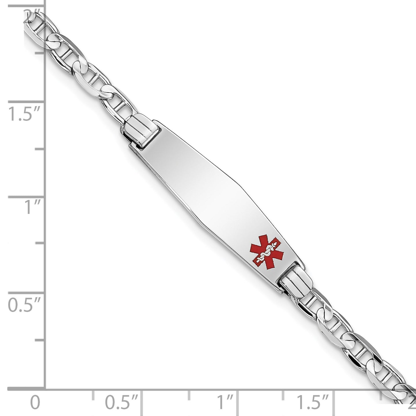 14K White Gold Medical Solid Chain/Solid Plate 26x7mm Soft Diamond Shape Off-Center Red Enamel Anchor Link 8 inch ID Bracelet