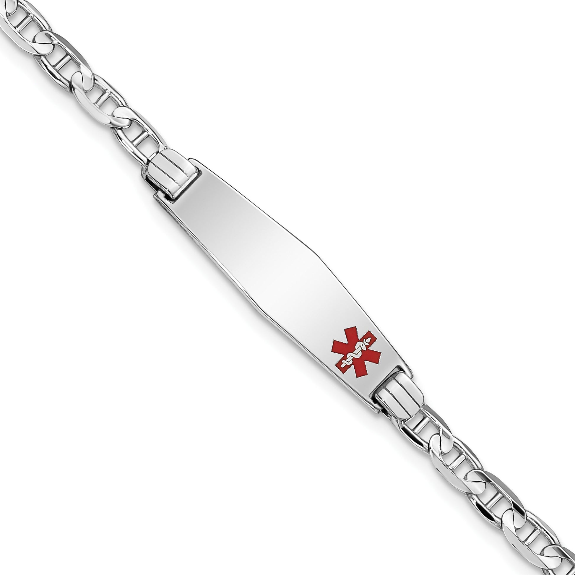 14K White Gold Medical Solid Chain/Solid Plate 26x7mm Soft Diamond Shape Off-Center Red Enamel Anchor Link 8 inch ID Bracelet
