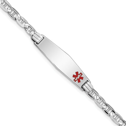 14K White Gold Medical Solid Chain/Solid Plate 26x7mm Soft Diamond Shape Off-Center Red Enamel Anchor Link 8 inch ID Bracelet