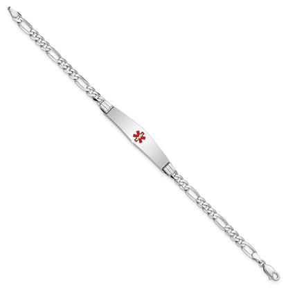 14K White Gold Medical Solid Chain/Solid Plate Soft Diamond Shape 36x9mm Centered Red Enamel Figaro Link 7 inch ID Bracelet