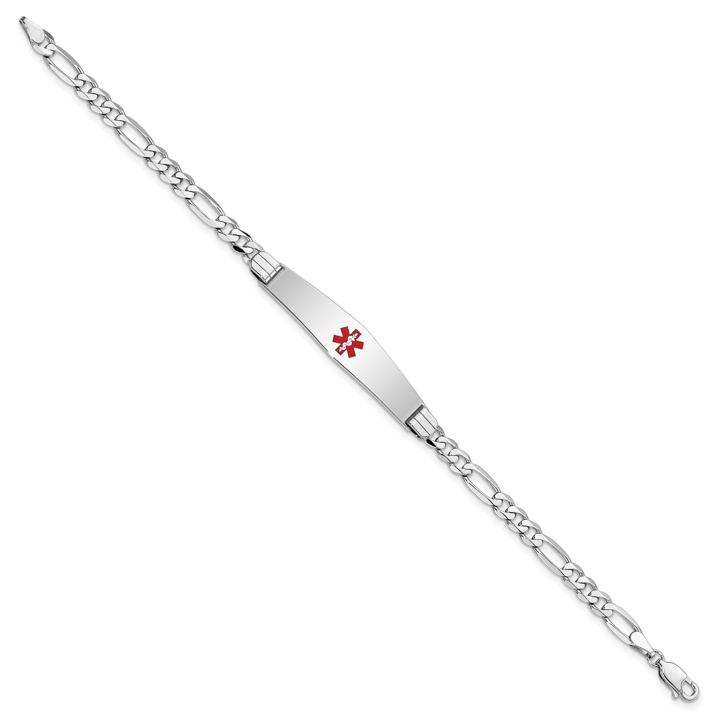 14K White Gold Medical Solid Chain/Solid Plate Soft Diamond Shape 36x9mm Centered Red Enamel Figaro Link 8 inch ID Bracelet
