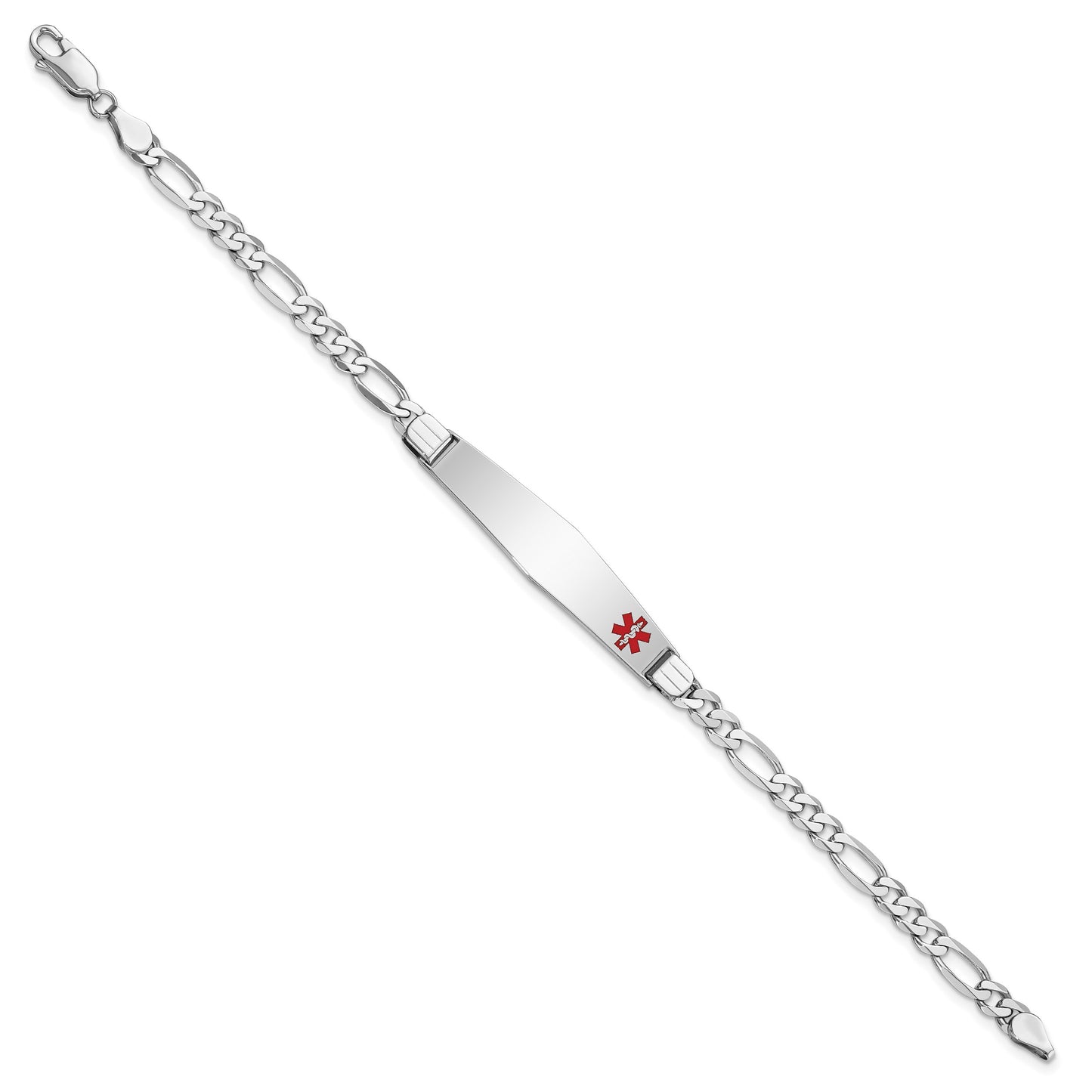 14K White Gold Medical Solid Chain/Solid Plate Soft Diamond Shape 37x9mm Off-Center Red Enamel Figaro Link 8 inch ID Bracelet