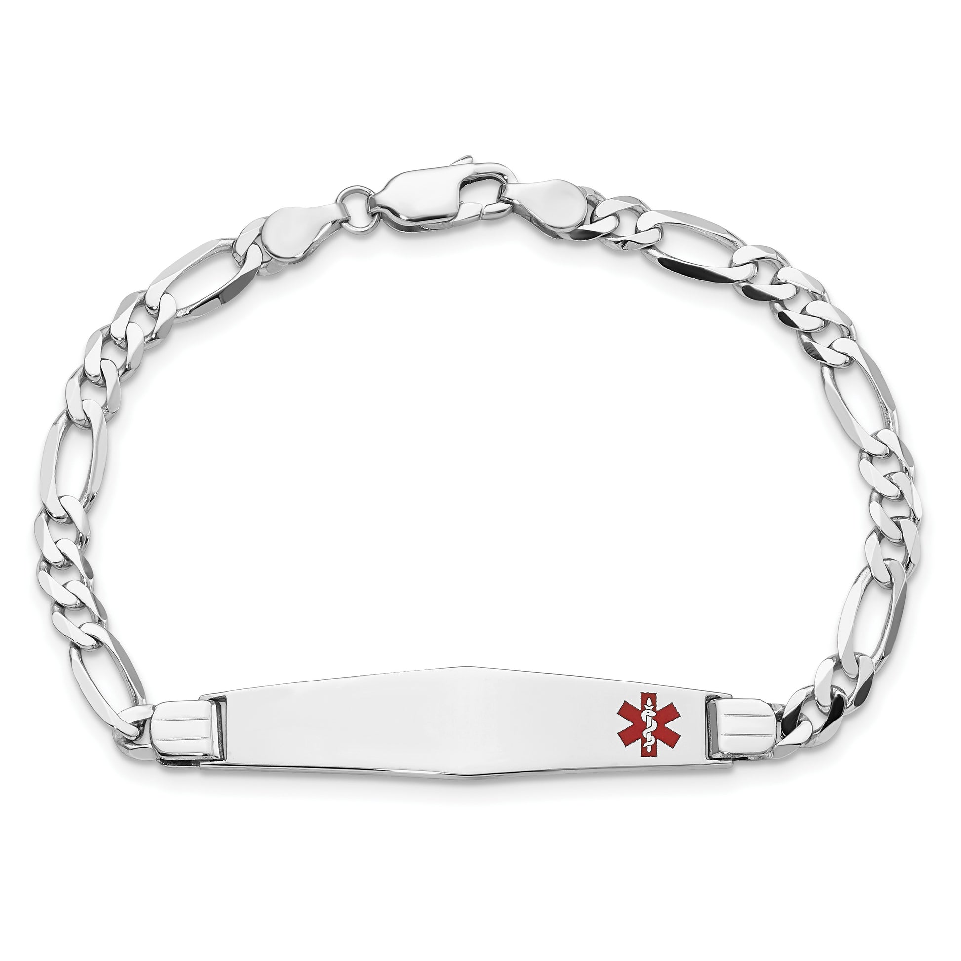 14K White Gold Medical Solid Chain/Solid Plate Soft Diamond Shape 37x9mm Off-Center Red Enamel Figaro Link 8 inch ID Bracelet