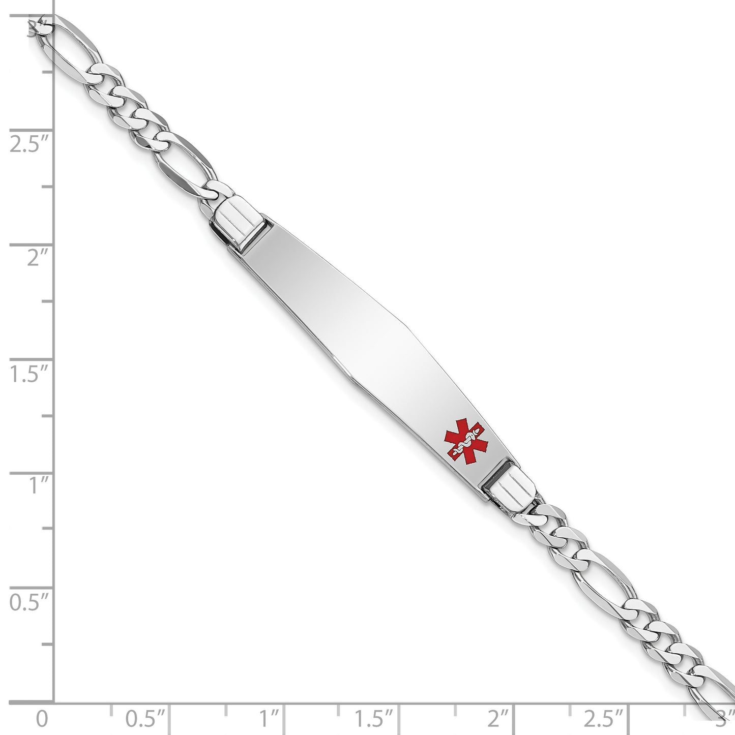 14K White Gold Medical Solid Chain/Solid Plate Soft Diamond Shape 37x9mm Off-Center Red Enamel Figaro Link 8 inch ID Bracelet