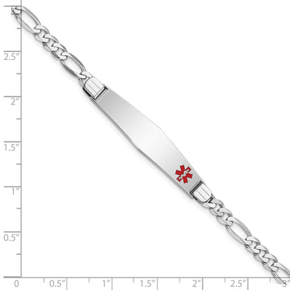14K White Gold Medical Solid Chain/Solid Plate Soft Diamond Shape 37x9mm Off-Center Red Enamel Figaro Link 8 inch ID Bracelet