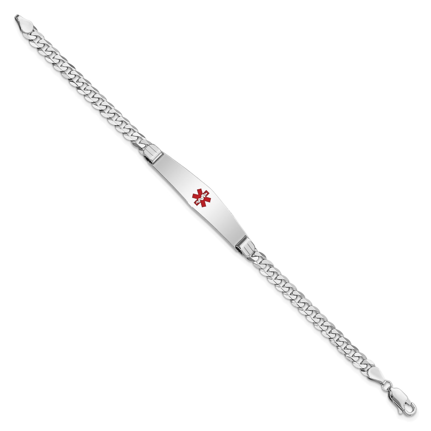 14K White Gold Medical Solid Chain/Solid Plate Soft Diamond Shape 36x9mm Centered Red Enamel Flat Curb Link 8 inch ID Bracelet