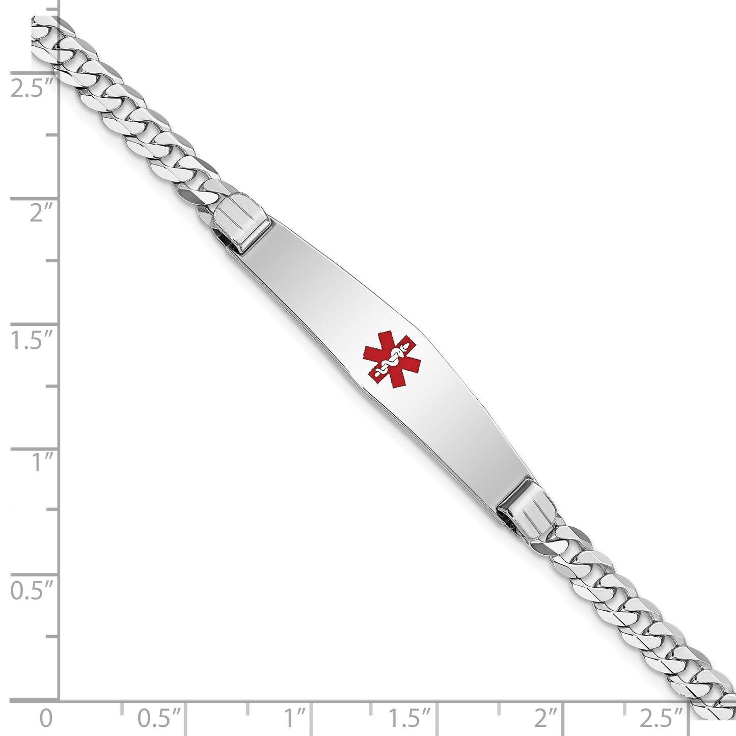 14K White Gold Medical Solid Chain/Solid Plate Soft Diamond Shape 36x9mm Centered Red Enamel Flat Curb Link 7 inch ID Bracelet