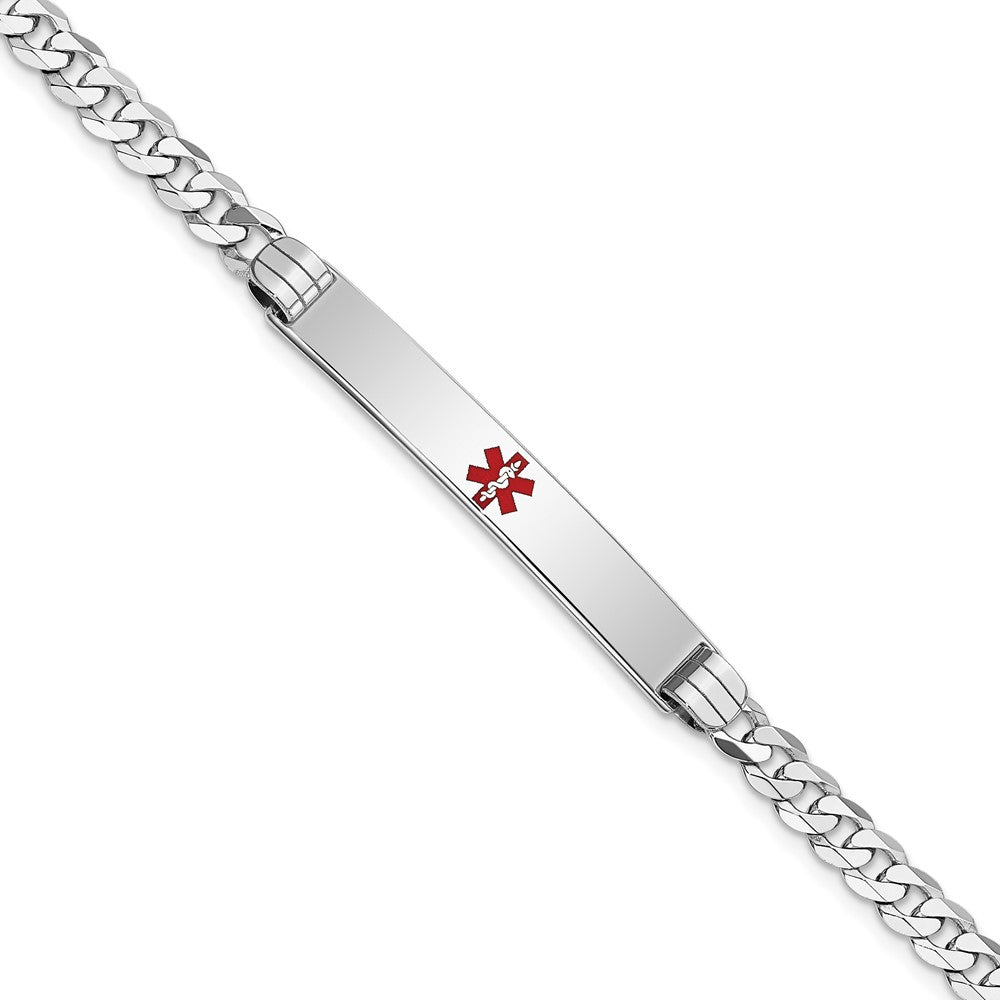 14K White Gold Medical Red Enamel Flat Curb Link ID Bracelet