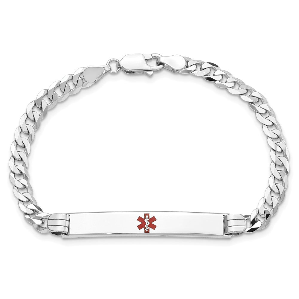 14K White Gold Medical Red Enamel Flat Curb Link ID Bracelet