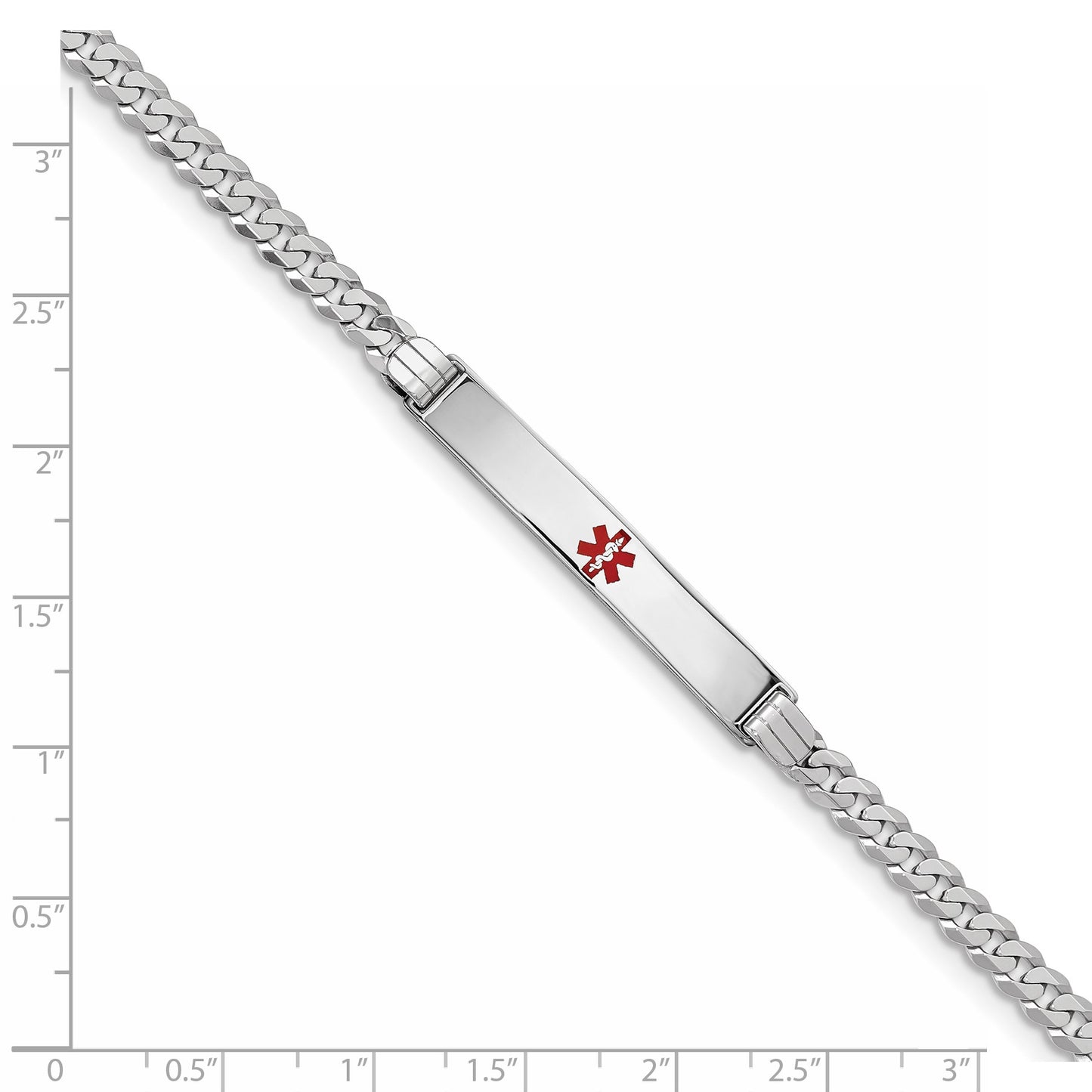 14K White Gold Medical Solid Chain/Solid Plate 37x6mm Centered Red Enamel Flat Curb Link 8 inch ID Bracelet