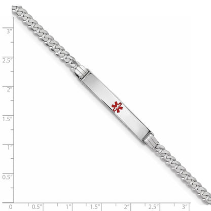 14K White Gold Medical Solid Chain/Solid Plate 37x6mm Centered Red Enamel Flat Curb Link 8 inch ID Bracelet