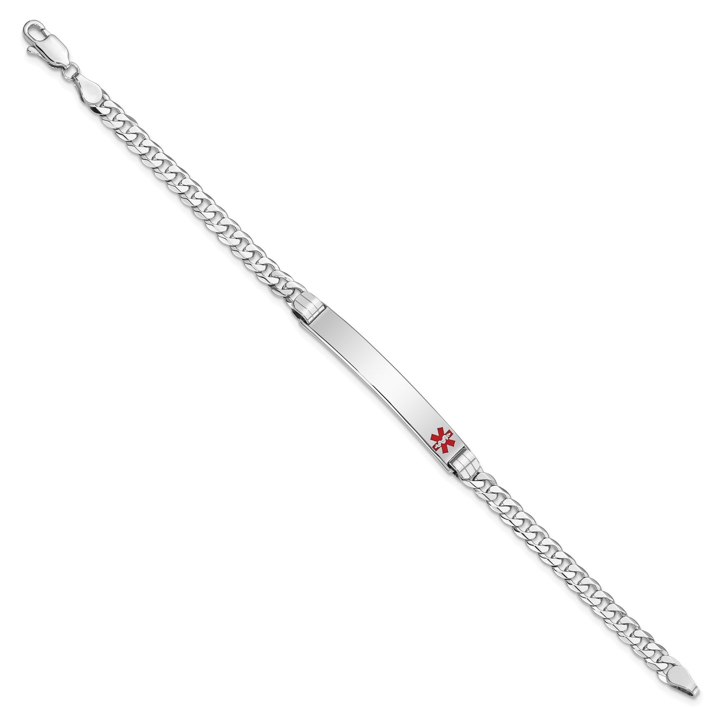 14K White Gold Medical Solid Chain/Solid Plate 37x6mm Off-Center Red Enamel Flat Curb Link 8 inch ID Bracelet