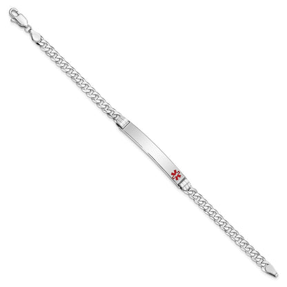 14K White Gold Medical Red Enamel Flat Curb Link ID Bracelet