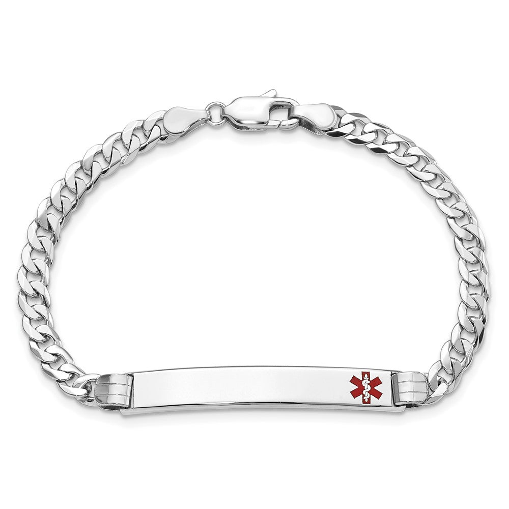 14K White Gold Medical Red Enamel Flat Curb Link ID Bracelet