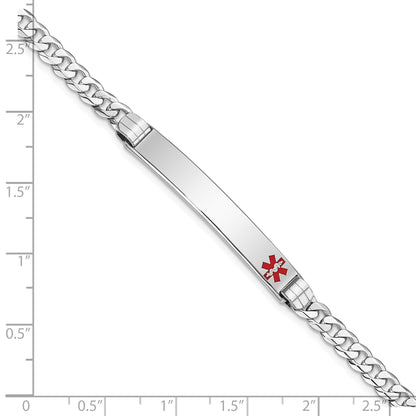 14K White Gold Medical Solid Chain/Solid Plate 37x6mm Off-Center Red Enamel Flat Curb Link 8 inch ID Bracelet