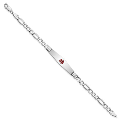 14K White Gold Medical Semi-Solid Chain/Solid Plate Soft Diamond Shape 37x9mm Centered Red Enamel Figaro Link 7 inch ID Bracelet