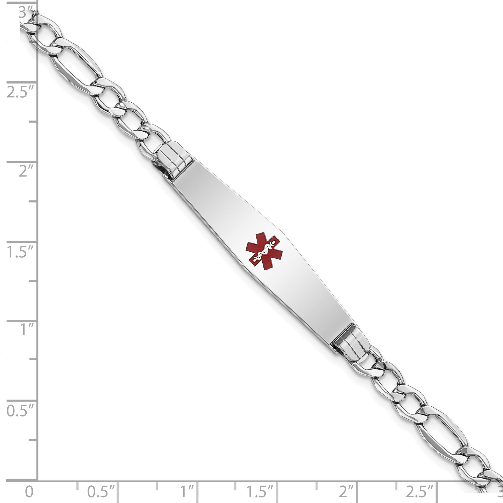 14K White Gold Medical Semi-Solid Chain/Solid Plate Soft Diamond Shape 37x9mm Centered Red Enamel Figaro Link 7 inch ID Bracelet
