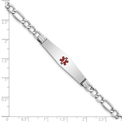 14K White Gold Medical Semi-Solid Chain/Solid Plate Soft Diamond Shape 37x9mm Centered Red Enamel Figaro Link 8 inch ID Bracelet