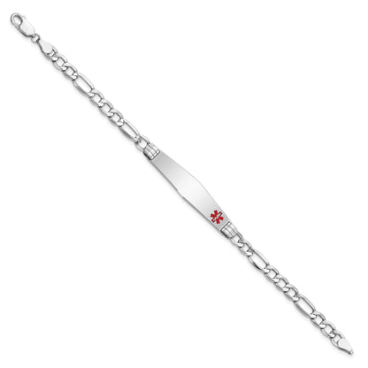 14K White Gold Medical Semi-Solid Chain/Solid Plate Soft Diamond Shape 37x9mm Off-Center Red Enamel Figaro Link 8 inch ID Bracelet