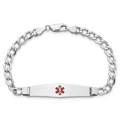 14K White Gold Medical Semi-Solid Chain/Solid Plate Soft Diamond Shape 36x9mm Centered Red Enamel Curb Link 8 inch ID Bracelet