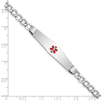 14K White Gold Medical Semi-Solid Chain/Solid Plate Soft Diamond Shape 36x9mm Centered Red Enamel Curb Link 8 inch ID Bracelet